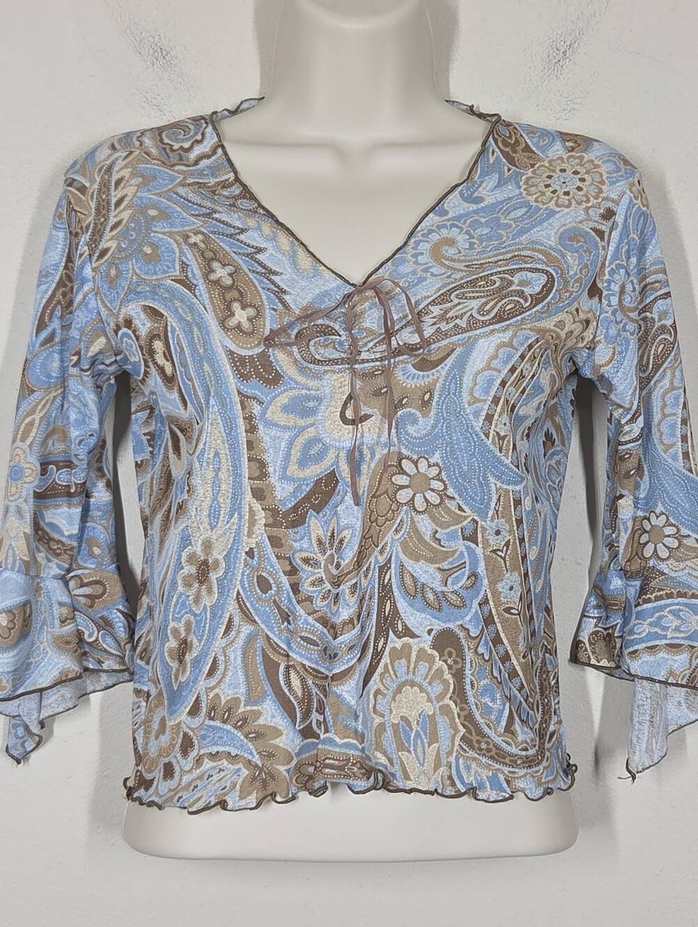 Vtg Y2K Brown Blue Paisley Crop Top Lettuce Hem L Fairy Grunge Flare Sleeve Boho